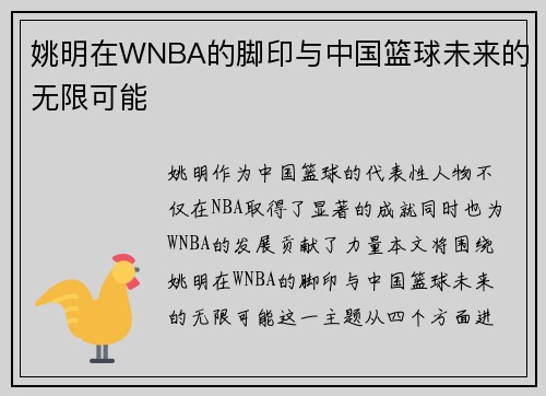 姚明在WNBA的脚印与中国篮球未来的无限可能